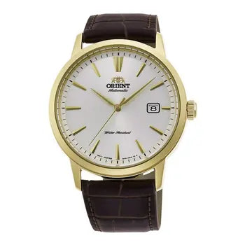 Montre homme Orient Bambino RA-AC0F04S30B boîtier doré cadran argenté cuir brun
