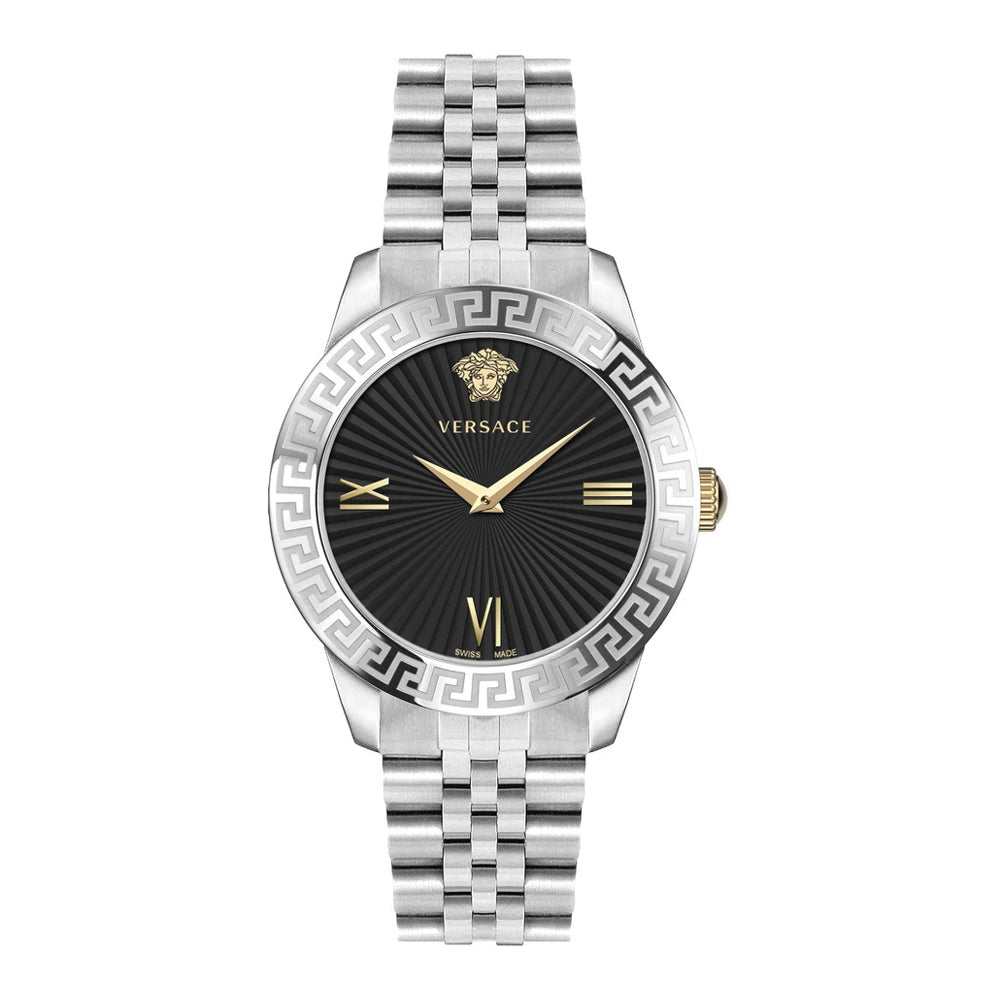 Montre femme Versace Greca VEVC00419 en acier argenté et cadran noir